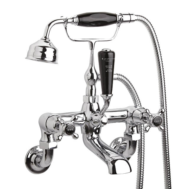 Bayswater Black Crosshead Domed Collar Wall Mounted Bath Shower Mixer Large Image