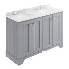 Bayswater Plummett Grey 1200mm 4 Door Vanity Unit & 3TH White Marble Double Bowl Basin Top Large Ima