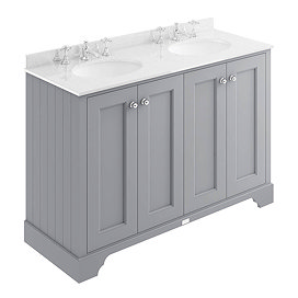 Bayswater Plummett Grey 1200mm 4 Door Vanity Unit & 3TH White Marble Double Bowl Basin Top Large Ima