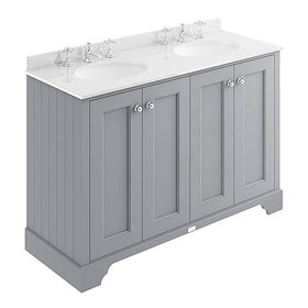 Bayswater Plummett Grey 1200mm 4 Door Vanity Unit & 3TH White Marble Double Bowl Basin Top Large Ima