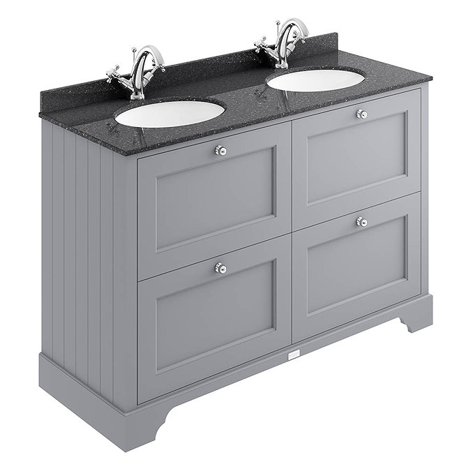 Bayswater Plummett Grey 1200mm 4 Drawer Vanity Unit & 1TH Black Marble Double Bowl Basin Top Large I