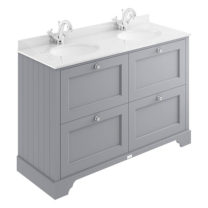 Bayswater Plummett Grey 1200mm 4 Drawer Vanity Unit & 1TH White Marble Double Bowl Basin Top Large I