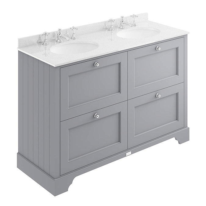 Bayswater Plummett Grey 1200mm 4 Drawer Vanity Unit & 3TH White Marble Double Bowl Basin Top Large I