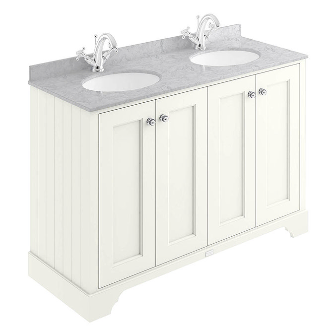 Bayswater Pointing White 1200mm 4 Door Vanity Unit & 1TH Grey Marble Double Bowl Basin Top Large Ima