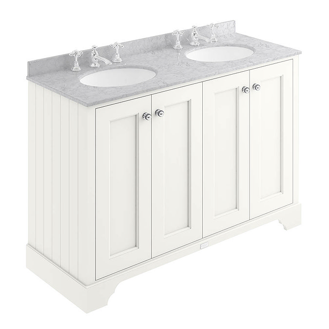 Bayswater Pointing White 1200mm 4 Door Vanity Unit & 3TH Grey Marble Double Bowl Basin Top Large Ima