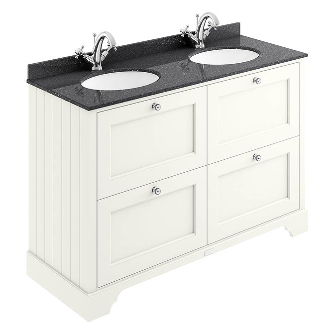 Bayswater Pointing White 1200mm 4 Drawer Vanity Unit & 1TH Black Marble Double Bowl Basin Top Large 