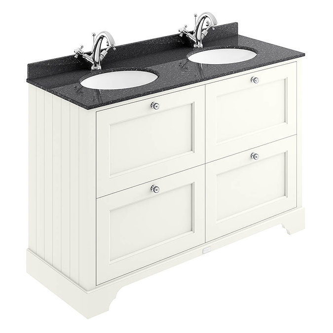Bayswater Pointing White 1200mm 4 Drawer Vanity Unit & 1TH Black Marble Double Bowl Basin Top Large