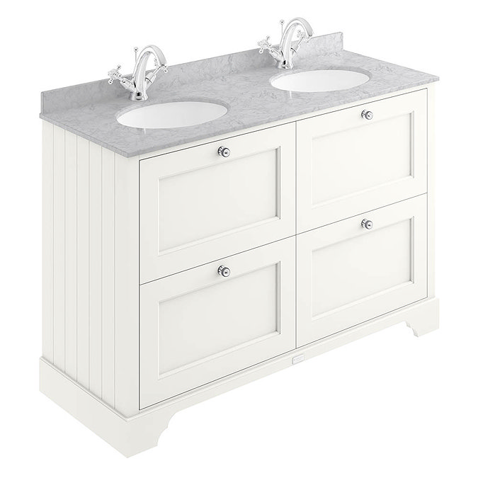Bayswater Pointing White 1200mm 4 Drawer Vanity Unit & 1TH Grey Marble Double Bowl Basin Top Large I