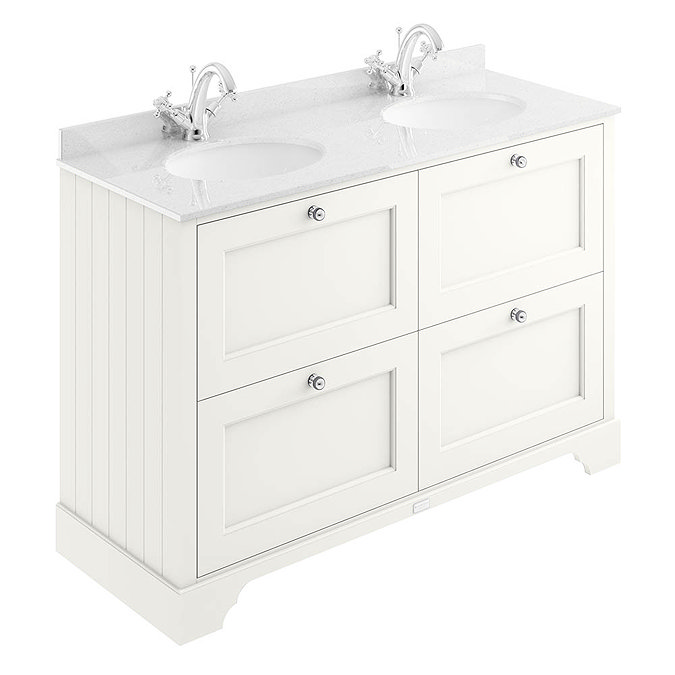 Bayswater Pointing White 1200mm 4 Drawer Vanity Unit & 1TH White Marble Double Bowl Basin Top Large 