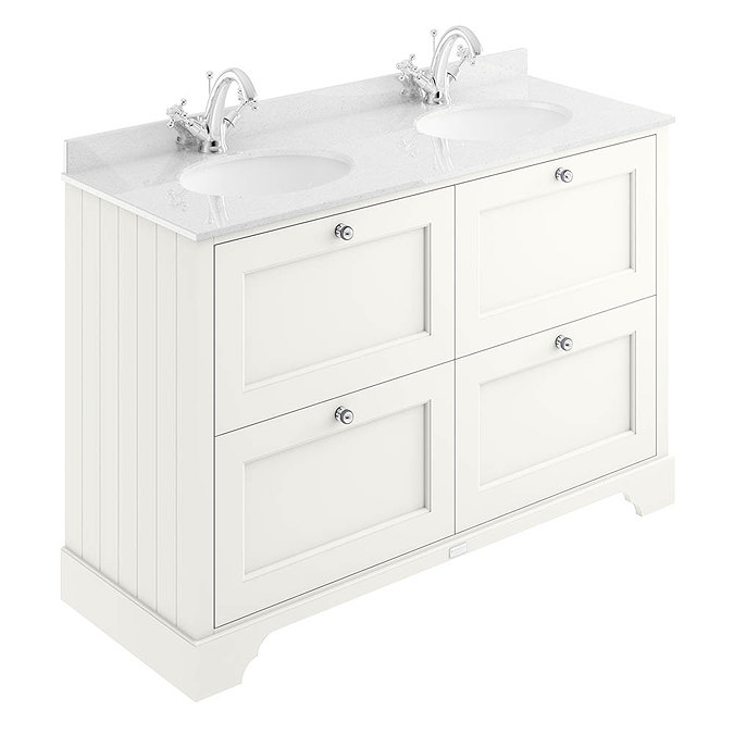 Bayswater Pointing White 1200mm 4 Drawer Vanity Unit & 1TH White Marble Double Bowl Basin Top Large