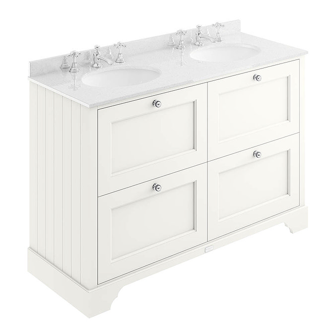 Bayswater Pointing White 1200mm 4 Drawer Vanity Unit & 3TH White Marble Double Bowl Basin Top Large