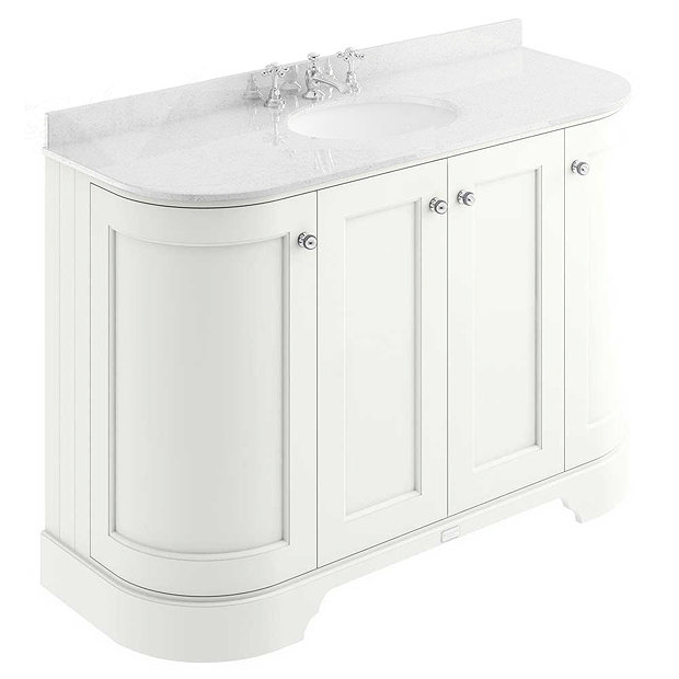 Bayswater Pointing White Curved 1200mm 4-Door Vanity Unit & 3TH White Marble Single Bowl Basin Top L