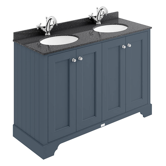 Bayswater Stiffkey Blue 1200mm 4 Door Vanity Unit & 1TH Black Marble Double Bowl Basin Top Large Ima