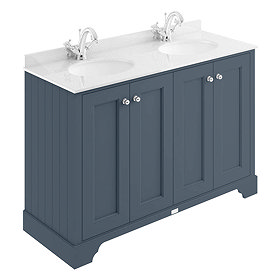 Bayswater Stiffkey Blue 1200mm 4 Door Vanity Unit & 1TH White Marble Double Bowl Basin Top Large Ima