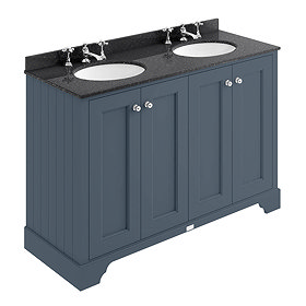 Bayswater Stiffkey Blue 1200mm 4 Door Vanity Unit & 3TH Black Marble Double Bowl Basin Top Large Ima