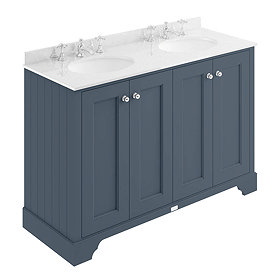 Bayswater Stiffkey Blue 1200mm 4 Door Vanity Unit & 3TH White Marble Double Bowl Basin Top Large Ima