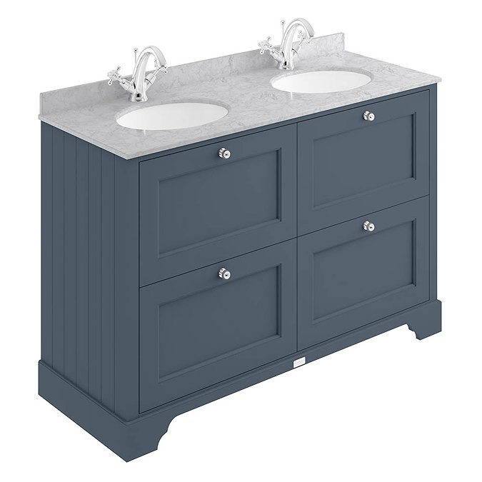 Bayswater Stiffkey Blue 1200mm 4 Drawer Vanity Unit & 1TH Grey Marble Double Bowl Basin Top Large Im