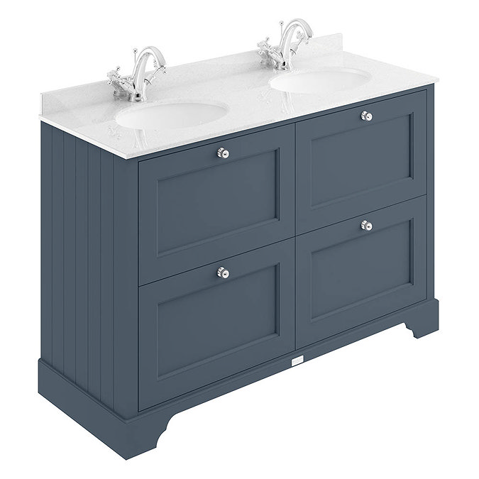 Bayswater Stiffkey Blue 1200mm 4 Drawer Vanity Unit & 1TH White Marble Double Bowl Basin Top Large I