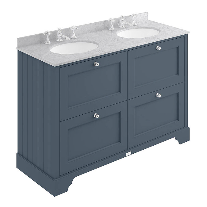 Bayswater Stiffkey Blue 1200mm 4 Drawer Vanity Unit & 3TH Grey Marble Double Bowl Basin Top Large Im