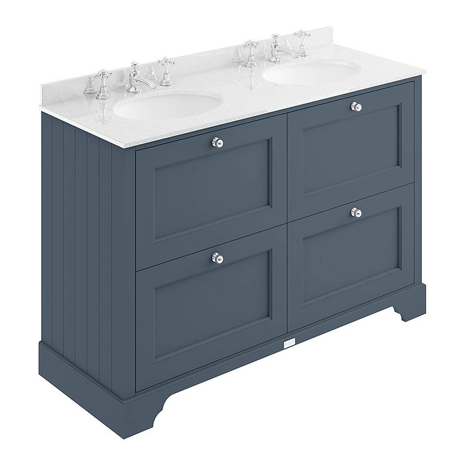 Bayswater Stiffkey Blue 1200mm 4 Drawer Vanity Unit & 3TH White Marble Double Bowl Basin Top Large I