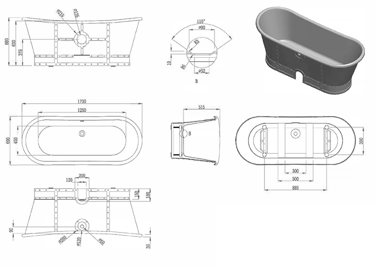 BC Designs Industrialé 1730mm Boat Bath - White / Silver