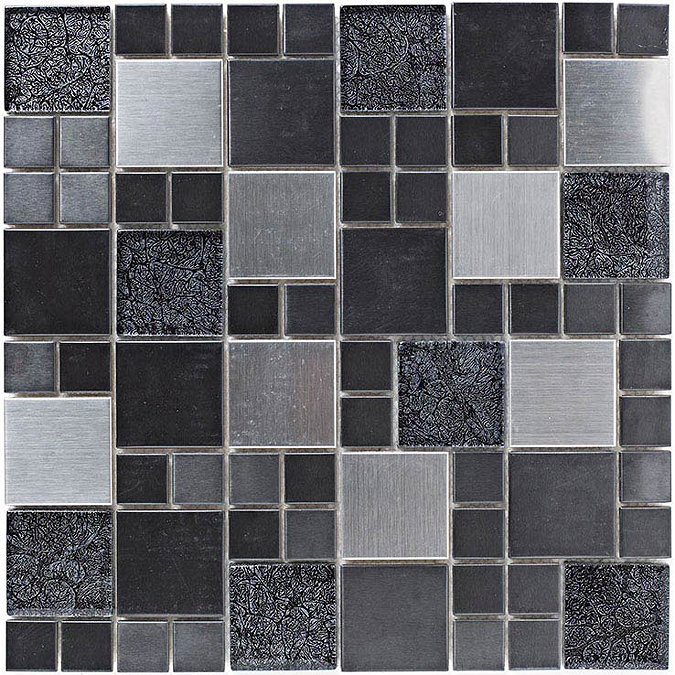 BCT Tiles Shades of Grey Metal and Foil Glass Black Mix Mosaic Tiles - 298 x 298mm - BCT38382 Large 