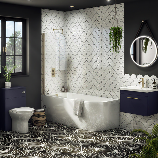 Belmont Hexagon Black with White Lines Wall and Floor Tiles  In Bathroom Large Image