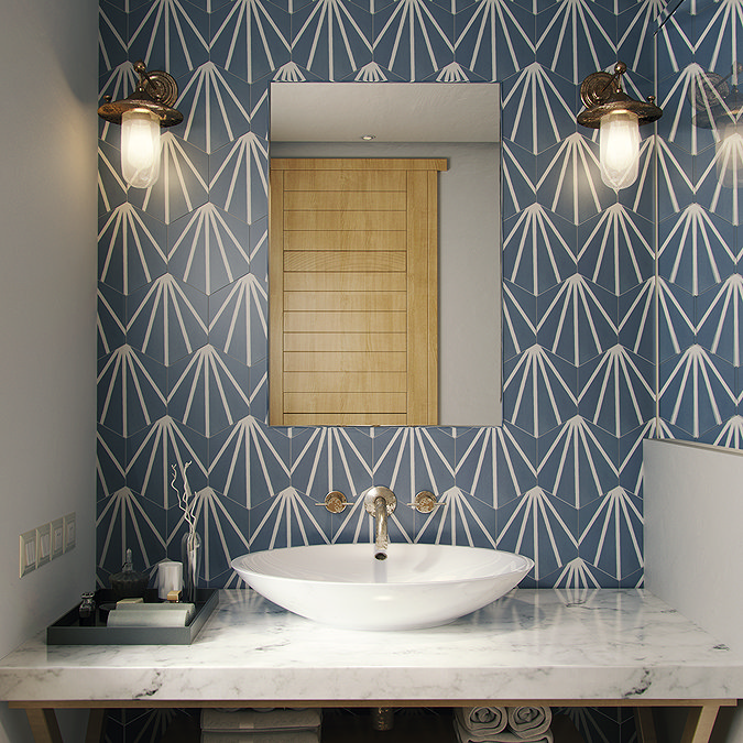 Belmont Hexagon Blue with White Lines Wall and Floor Tiles