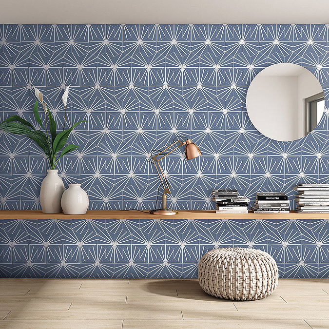 Belmont Hexagon Blue with White Lines Wall and Floor Tiles  Feature Large Image