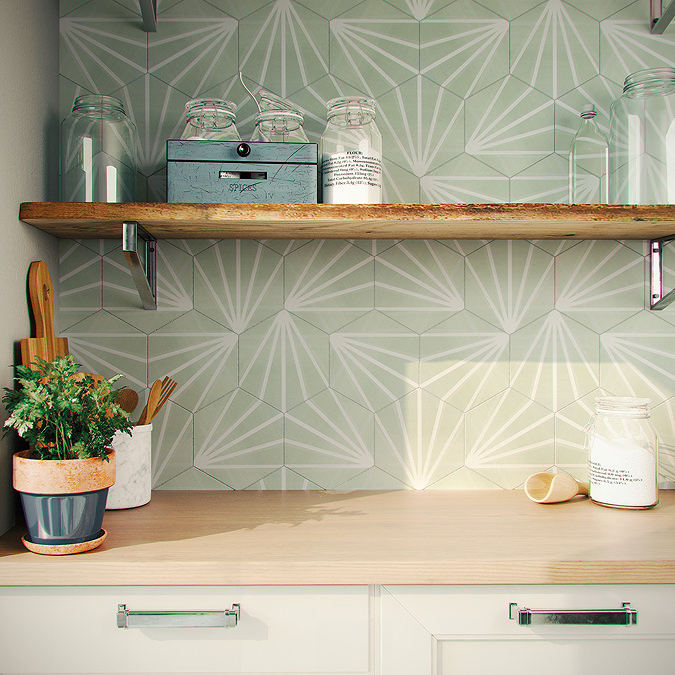 Belmont Hexagon Green with White Lines Wall and Floor Tiles