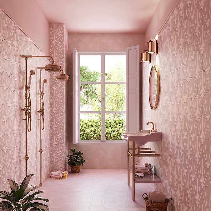 Belmont Hexagon Pink with White Lines Wall and Floor Tiles