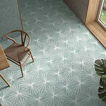 Belmont Hexagon Art Deco Turquoise with White Lines Wall and Floor Tiles