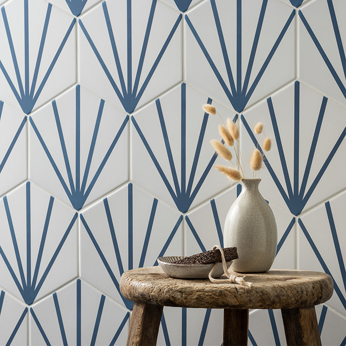 Belmont Hexagon White with Blue Lines Wall and Floor Tiles  Profile Large Image