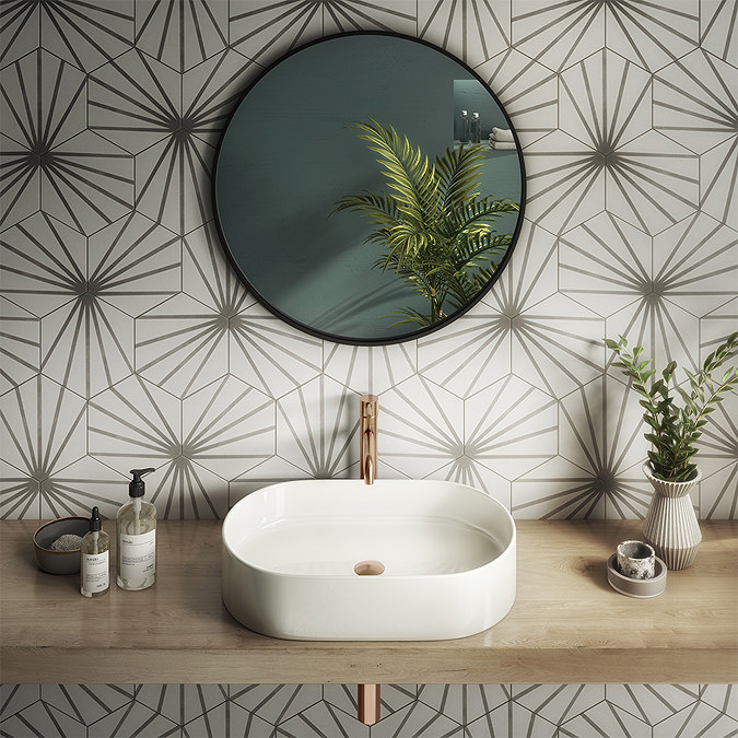 Belmont Hexagon White with Grey Lines Wall and Floor Tiles Large Image