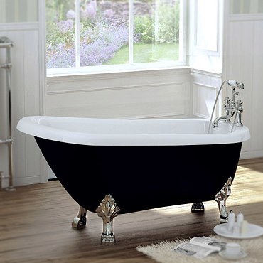 Black Traditional 1540 x 700 Luxury Freestanding Slipper Bath with Chrome Lion Feet Profile Large Image