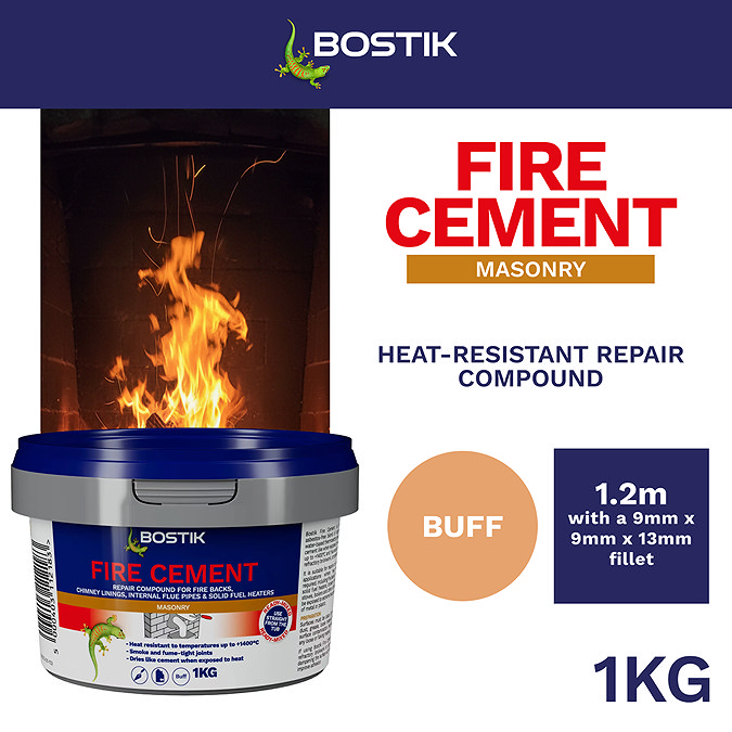Bostik Cementone Fire Cement 1kg tub shown with product branding and key features on the label.