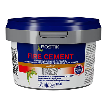 Bostik Cementone Fire Cement 1kg tub shown with product branding and key features on the label.
