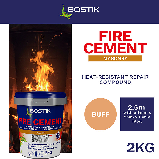 Bostik Cementone Fire Cement 2kg tub shown with product branding and key features on the label.