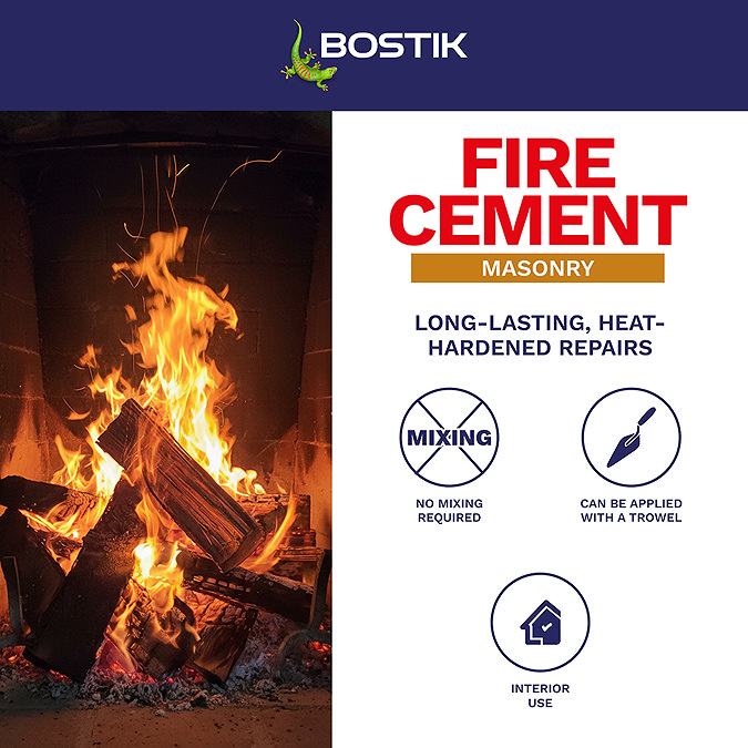 Bostik Cementone Fire Cement feature image showing ready-mixed formula, no mixing required, and interior use.