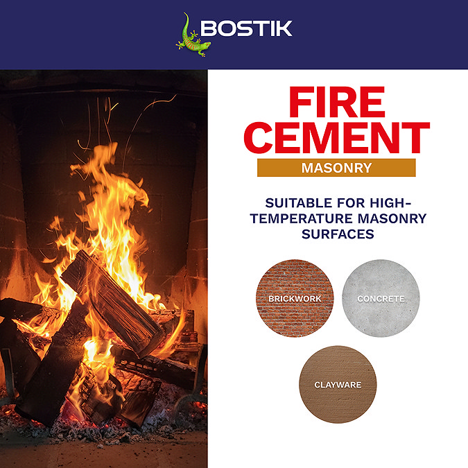 Bostik Cementone Fire Cement suitability graphic showing use on brickwork, concrete, and clayware surfaces.