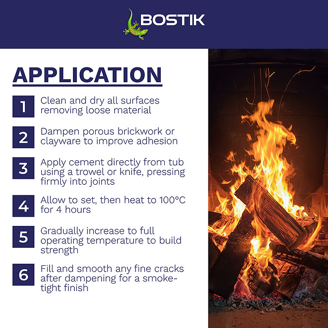 Bostik Cementone Fire Cement application steps showing surface preparation, application, curing, and gradual heat increase.