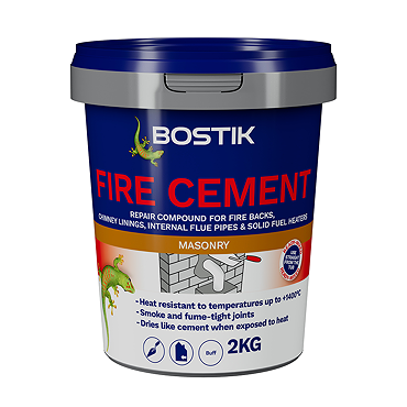 Bostik Cementone Fire Cement 2kg tub shown with product branding and key features on the label.