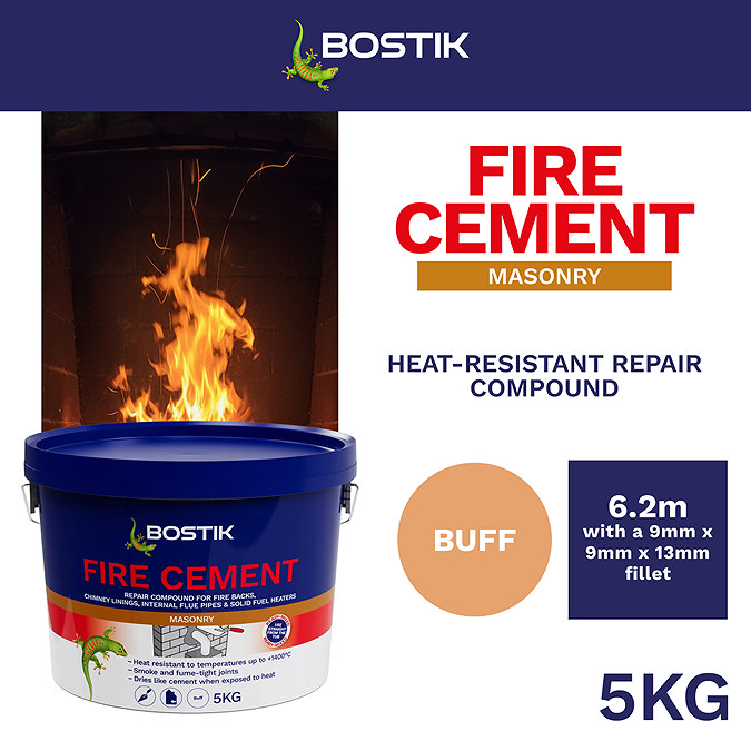 Bostik Cementone Fire Cement 5kg tub shown with product branding and key features on the label.