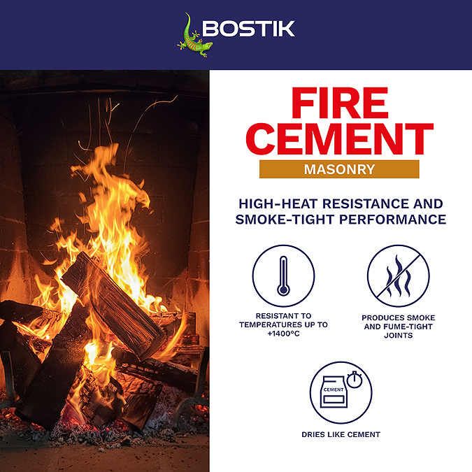 Bostik Cementone Fire Cement graphic highlighting high heat resistance up to 1400°C and smoke-tight joint performance.