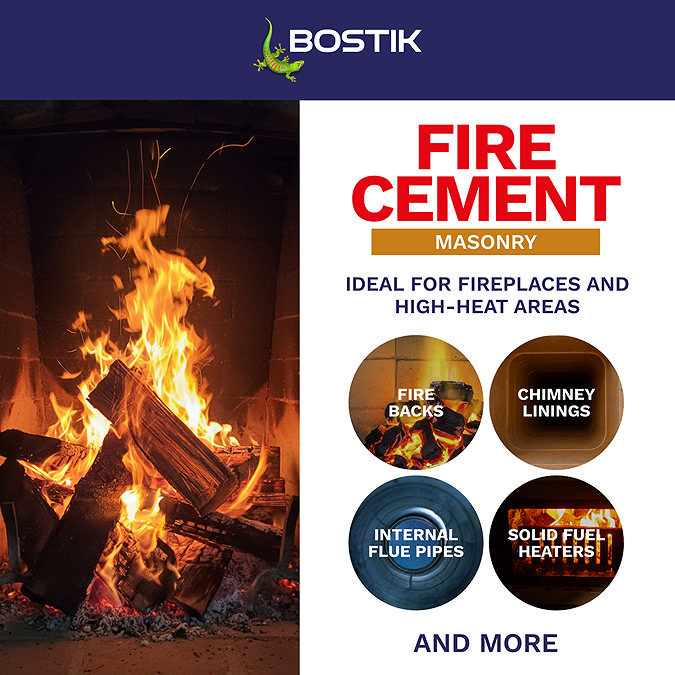 Bostik Cementone Fire Cement application graphic showing suitability for fire backs, chimney linings, internal flue pipes, and solid fuel heaters.