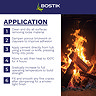 Bostik Cementone Fire Cement application steps showing surface preparation, application, curing, and gradual heat increase.