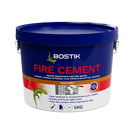 Close-up view of Bostik Cementone Fire Cement 5kg tub showing product label and container.