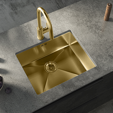 Bower 1.0 Bowl Brushed Brass Undermount Stainless Steel Kitchen Sink + Waste (540 x 440mm)