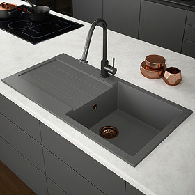 Venice 1.0 Bowl Matt Grey Composite Kitchen Sink + Chrome Waste Large Image