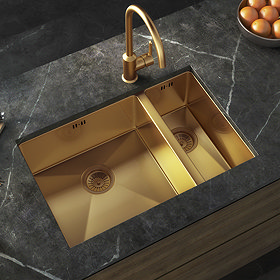 Venice 1.5 Bowl Brushed Gold Inset or Undermount Stainless Steel Kitchen Sink + Wastes Large Image